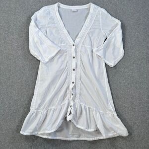 Saha White Button Front Swim Coverup Women's Medium White Crochet Trim Ruffle